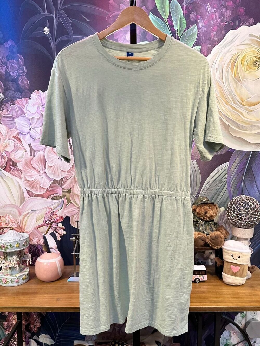 Old Navy M T-Shirt Dress Casual Minimalist Elastic Waist Cotton Knit Sage Green